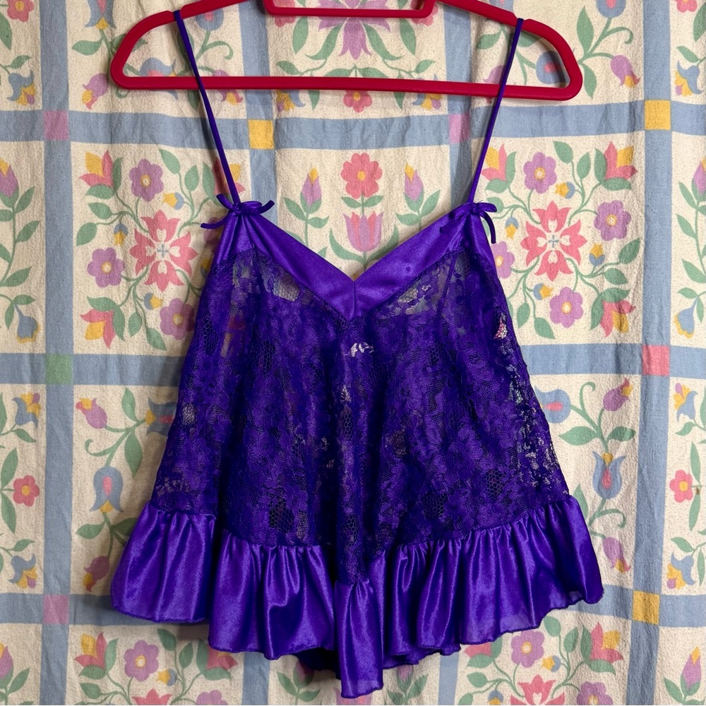 Vintage Purple Floral Lace Lingerie Sleeveless Tank Top With Ruffled Hem